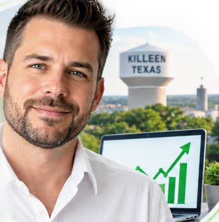Jason Green in front of the Killeen, Texas water tower with a laptop showing a growth chart